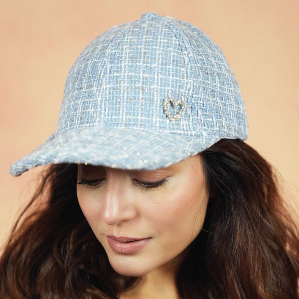 Tweed Baseball Cap with Heart Charm - Blue & White