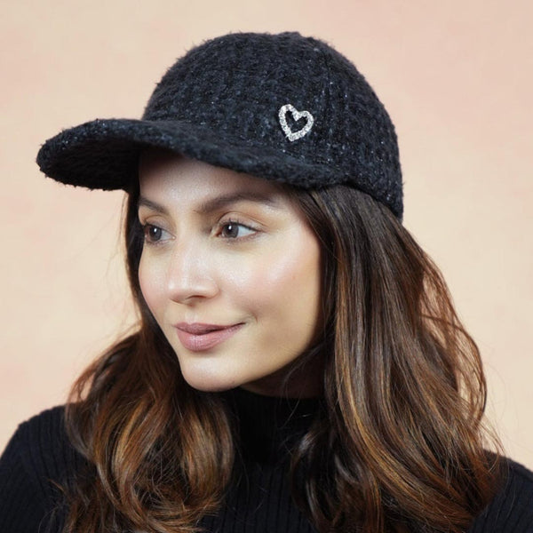 Tweed Baseball Cap with Heart Charm - Black