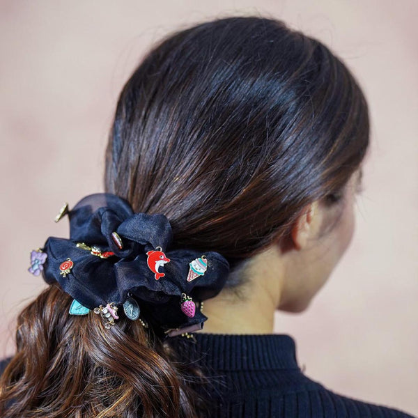 Oversized Organza Scrunchie with Charms - Black