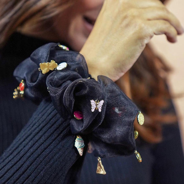 Oversized Organza Scrunchie with Charms - Black