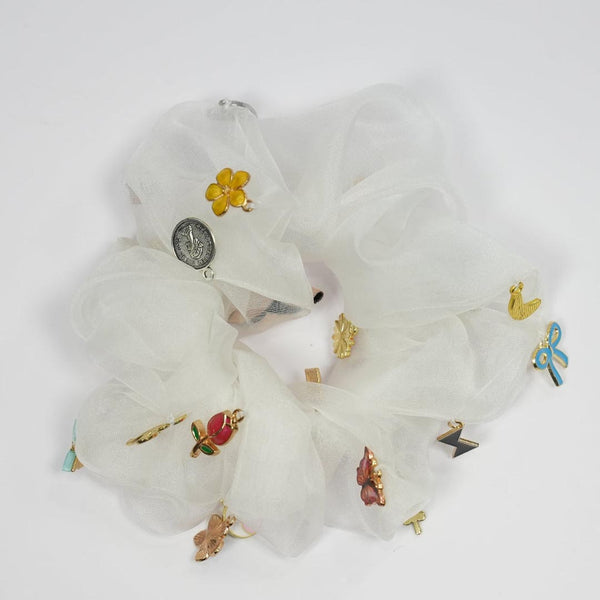 Oversized Organza Scrunchie with Charms - White