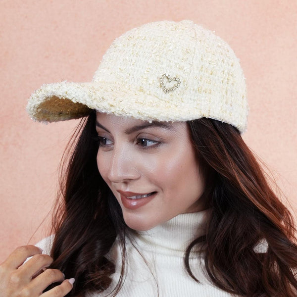 Tweed Baseball Cap with Heart Charm - White & Gold