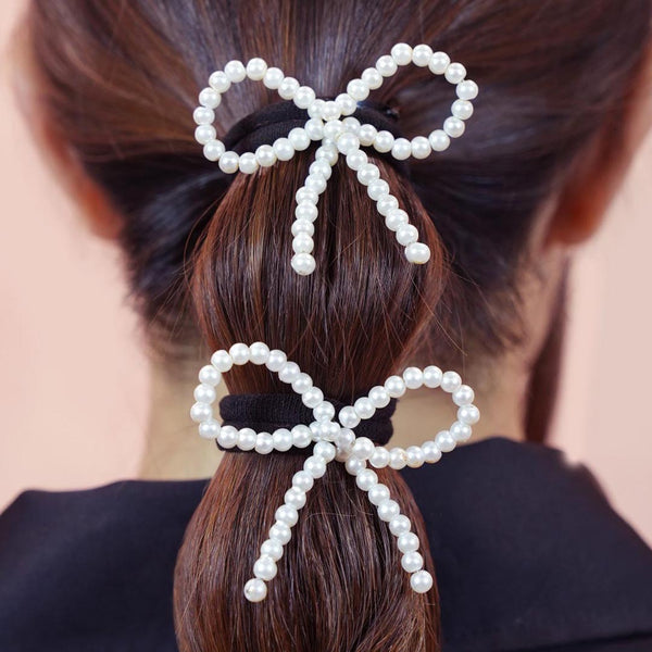Pearl Bow Hair Tie - Off-White - Set of 2