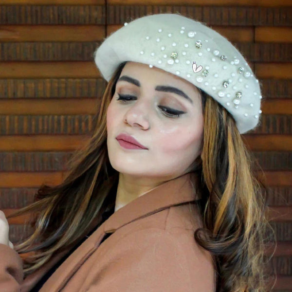 HDC X Emily In Paris White Beret with Pearls, Crystals & Heart Charm