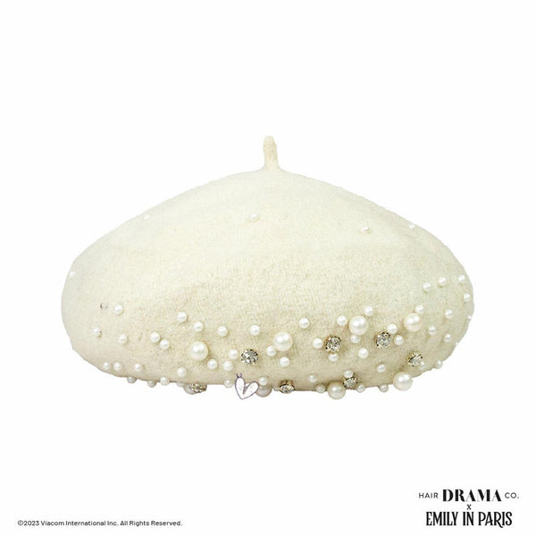 HDC X Emily In Paris White Beret with Pearls, Crystals & Heart Charm