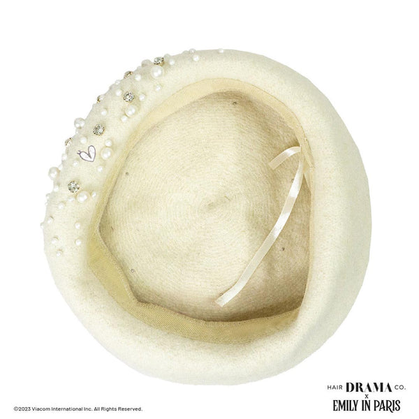 HDC X Emily In Paris White Beret with Pearls, Crystals & Heart Charm