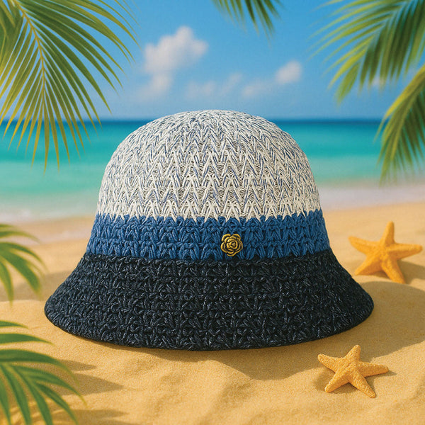 Crochet Beach Bucket Hat with Rose Charm - Shades of Blue