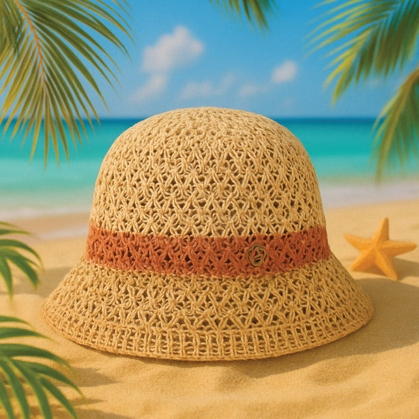 Crochet Beach Bucket Hat with Rose Charm - Shades of Blue