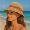 Crochet Beach Bucket Hat with Rose Charm - Shades of Blue