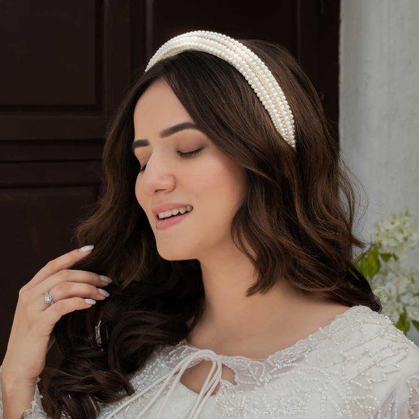 Pearls & Crystal Puff Hair Band - White