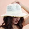 Off-White Woven Straw Flat Brim Hat with Removable Bow Ribbon