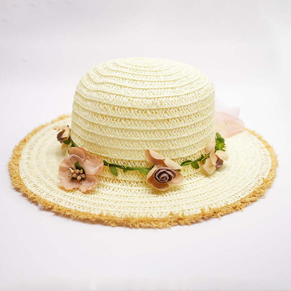 Off-White Woven Straw Flat Brim Hat with Removable Bow Ribbon