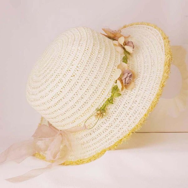 Off-White Woven Straw Flat Brim Hat with Removable Bow Ribbon