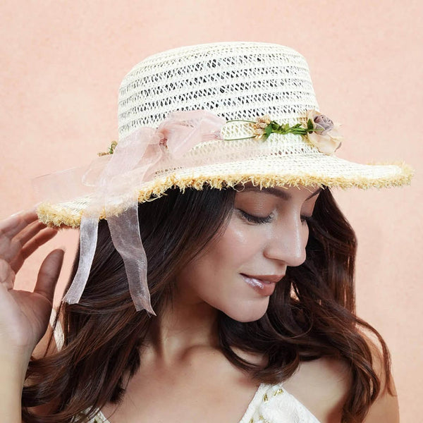 Off-White Woven Straw Flat Brim Hat with Removable Bow Ribbon