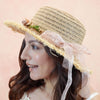 Tan Woven Straw Flat Brim Hat with Removable Bow Ribbon