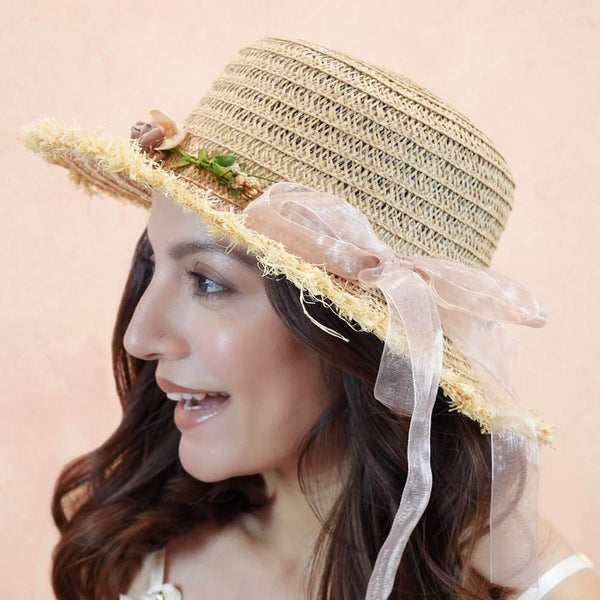 Tan Woven Straw Flat Brim Hat with Removable Bow Ribbon