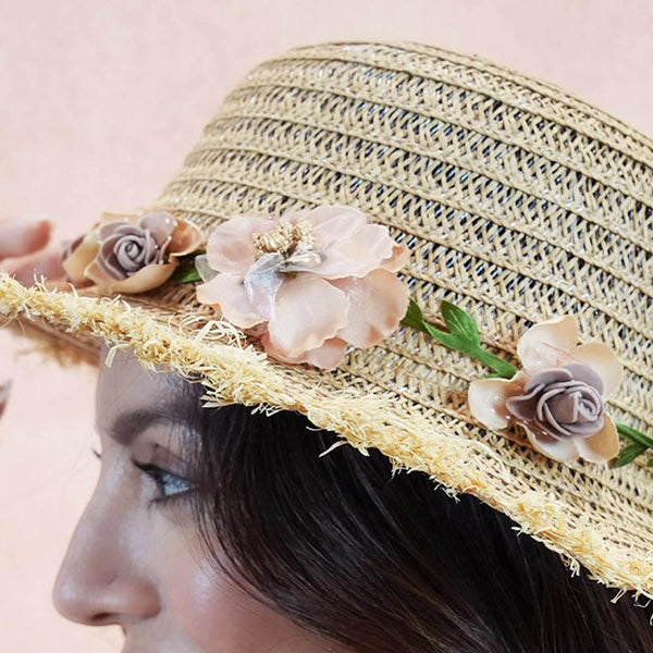 Tan Woven Straw Flat Brim Hat with Removable Bow Ribbon
