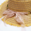 Tan Woven Straw Flat Brim Hat with Removable Bow Ribbon