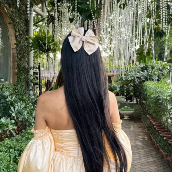 Satin Pearl Hair Bow Alligator Clip - Latte