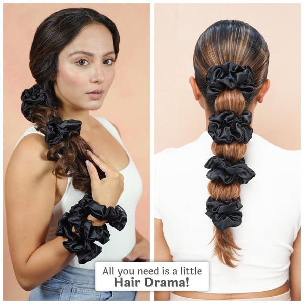 Black Silk Satin Scrunchies- Set of 6