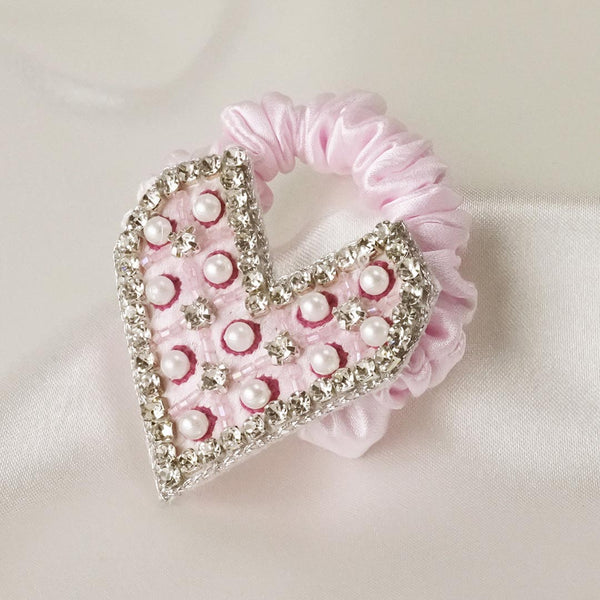 Embellished Heart Ponytail Holder - Light Pink