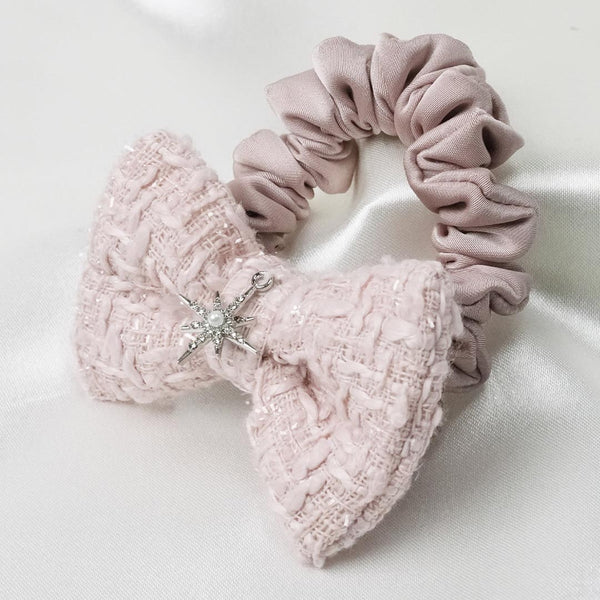 Bow Ponytail Holder with Charm - Dusty Rose