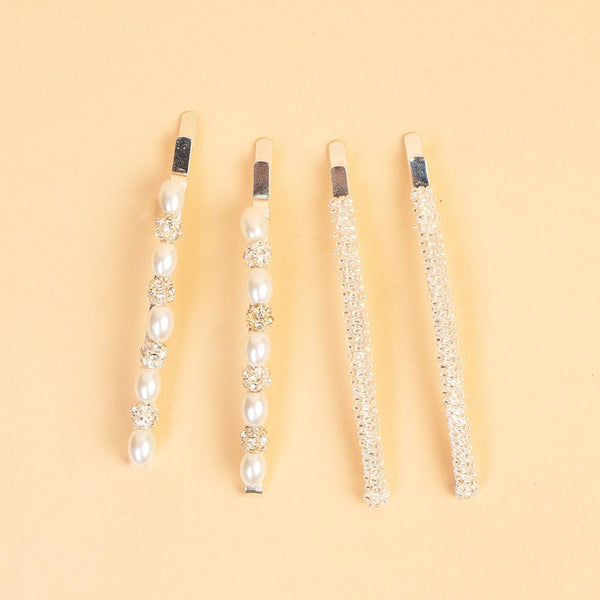Pearl & Crystal Hair Pins - Set of 4 - Off-White