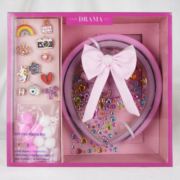 DIY Hair Drama Box with 2 Hair Bands, 1 Scrunchie, 1 Hair Bow, 11 Exclusive Charms, 200+ Crystals & 10 Pom Poms - Pink & Lilac
