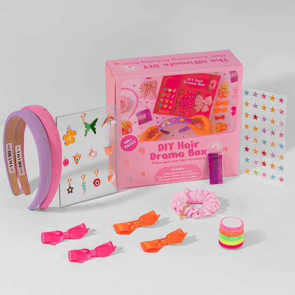 DIY Hair Drama Box with 2 Hair Bands, 1 Scrunchie, 1 Hair Bow, 11 Exclusive Charms, 200+ Crystals & 10 Pom Poms - Pink & Lilac