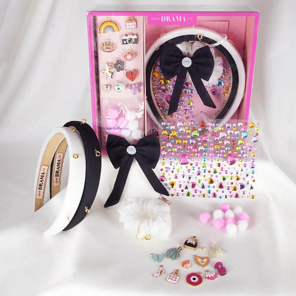 DIY Hair Drama Box with 2 Hair Bands, 1 Scrunchie, 1 Hair Bow, 11 Exclusive Charms, 200+ Crystals & 10 Pom Poms - Black & White
