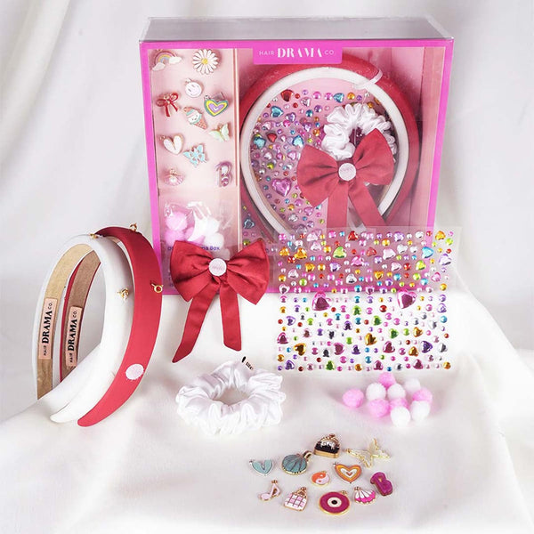 DIY Hair Drama Box with 2 Hair Bands, 1 Scrunchie, 1 Hair Bow, 11 Exclusive Charms, 200+ Crystals & 10 Pom Poms - Red & White