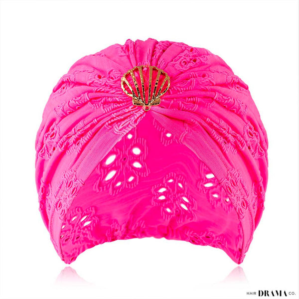 Hot Pink Cutwork Turban with Shell Metal Broach