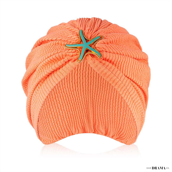 Neon Orange Ribbed Turban with Starfish Metal Broach