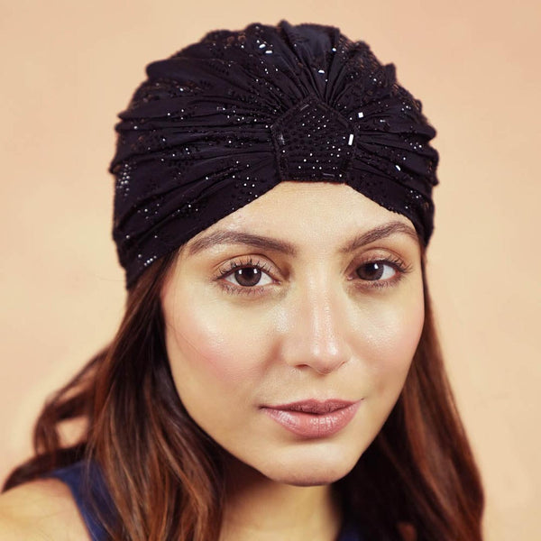 Black Turban - Silver Crystals