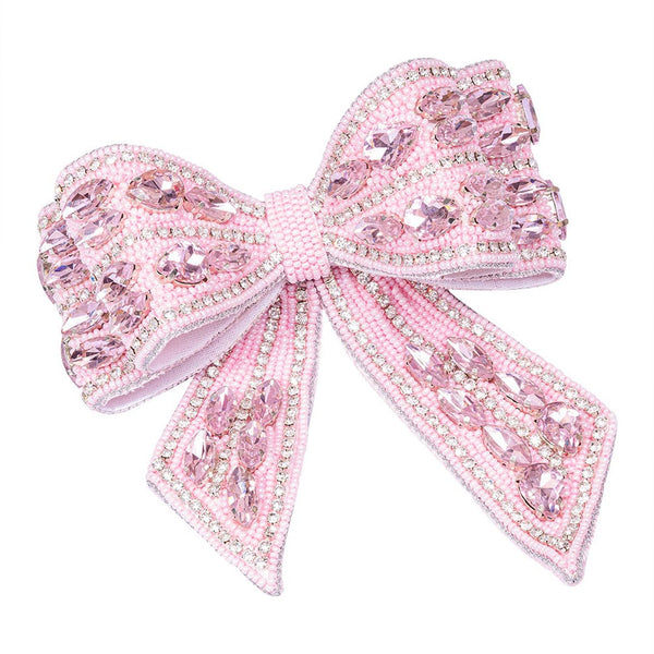 Embellished Crystal Hair Bow Barrette Clip - Pink