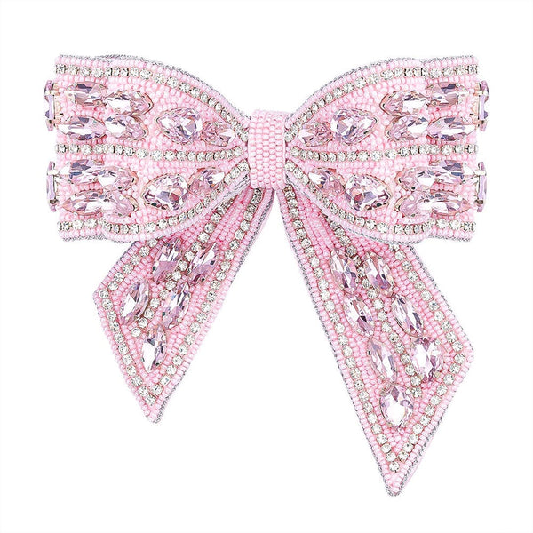 Embellished Crystal Hair Bow Barrette Clip - Pink