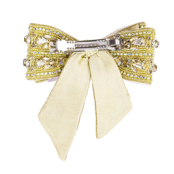 Embellished Crystal Hair Bow Barrette Clip - Golden
