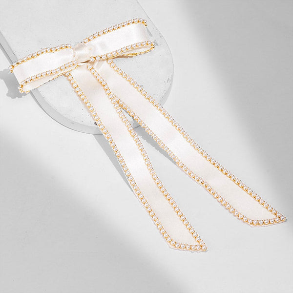 Satin Ribbon Pearl Hair Bow - Off-White