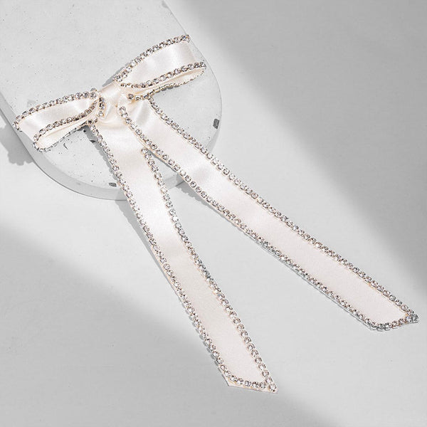 Satin Ribbon Crystal Hair Bow - Off-White