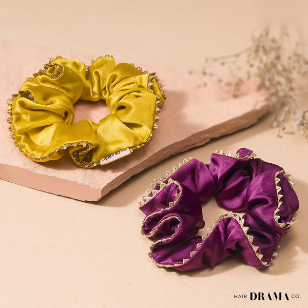 Set of 2 Silk Satin Scrunchies with Gota Patti - Purple & Mustard