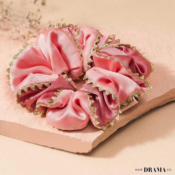 Large Dual color Silk Satin Scrunchy with Gota Patti - Pink & Peach