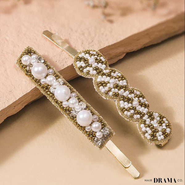 Pearl Embellished Hair Pins - Set of 2 - Gold