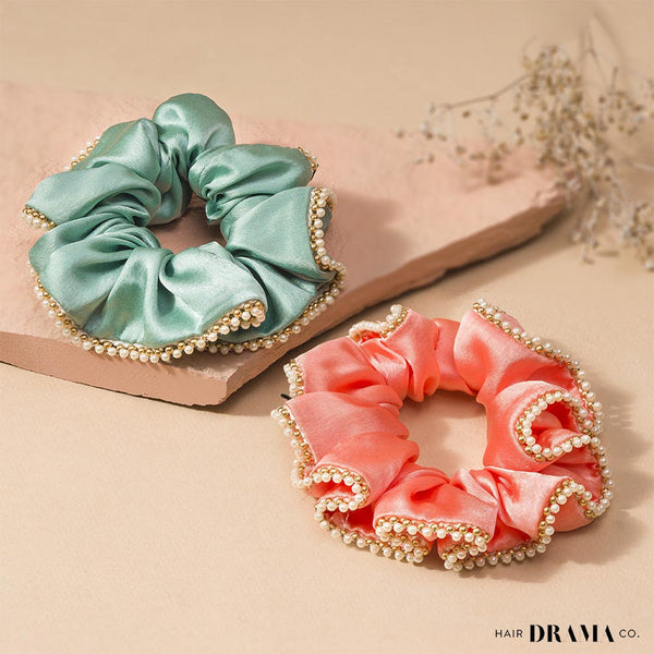 Set of 2 Silk Satin Scrunchies with Pearls - Pink & Mint Green