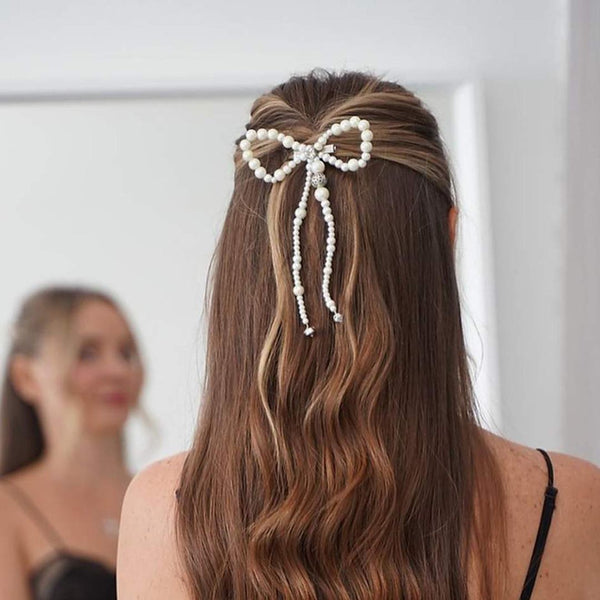 Embellished Pearl Hair Bow Alligator Clip with Silver Stone - Off-White