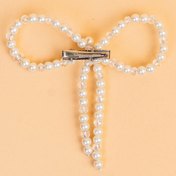 Embellished Pearl & Crystal Beads Hair Bow Alligator Clip - Off-White