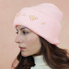 Ribbed Wool Beanie with Pearls & Heart Embellishments - Light Pink